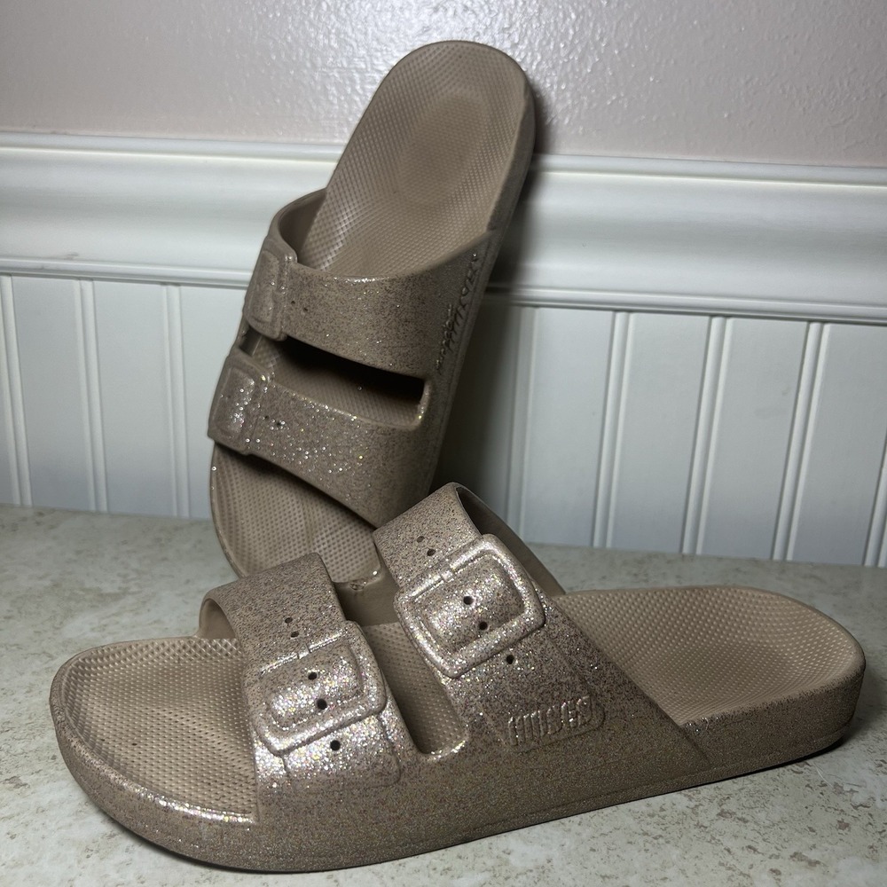 Freedom Moses Sparkle Gold Glitter Slides Waterproof Comfy Sandals Sz 7/8 37/38